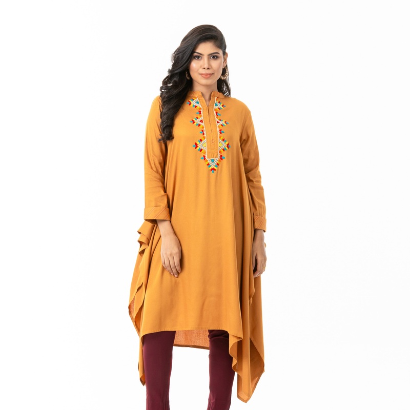 Women Mustard Embroidered Kurti L MUSTARD