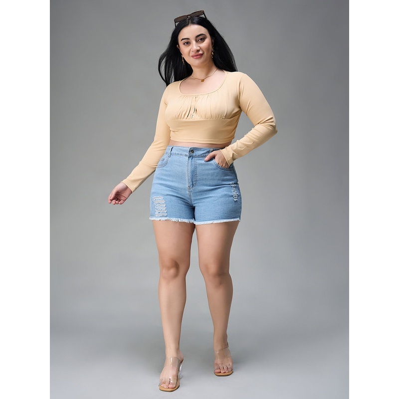 Women’s Blue Relaxed Mid Rise High Distress Non Stretchable Denim Shorts 24 Blue