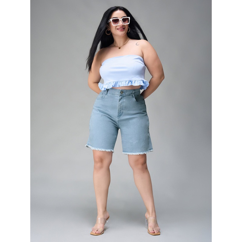 Women’s Light Blue High-Rise Above Knee Stretchable Denim Shorts 26 Blue