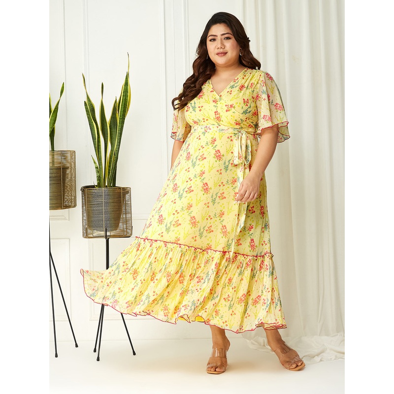 Yellow Floral Printed Flutter Sleeves Maxi Dress for Women XS Multicolored-Base-Yellow