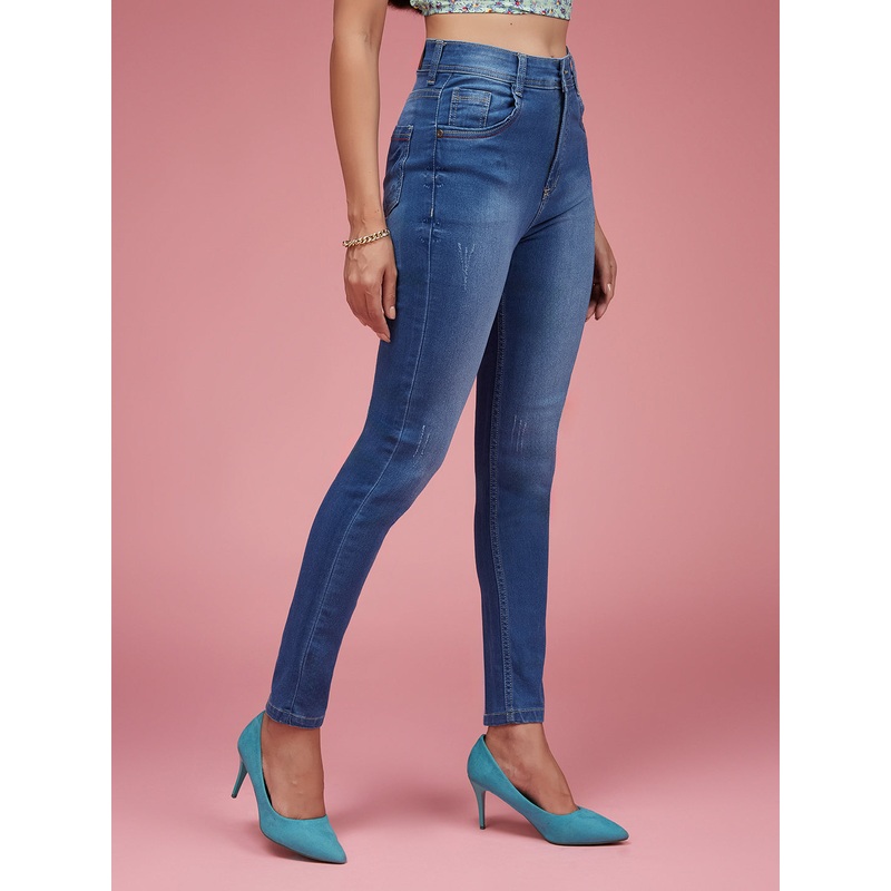 24/7 Comfort Blue Skinny-Fit High-Rise Twill Tape Detailing Scraped Stretchable Denim Jeans 26 Blue