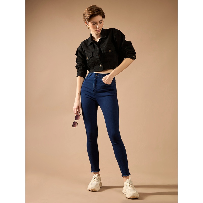 24/7 Comfort Navy-Blue Skinny High-Rise Solid Cropped Fringed Hemline Stretchable Denim Jeans 26 Navy Blue