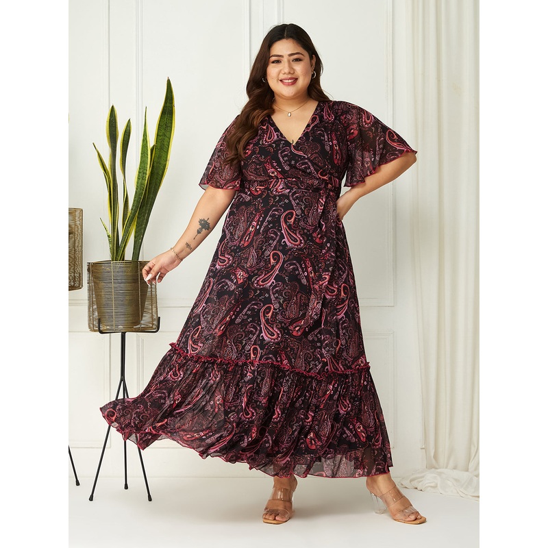 Black Bohemian Printed Flutter Sleeves Maxi Dress for Women XS Multicolor