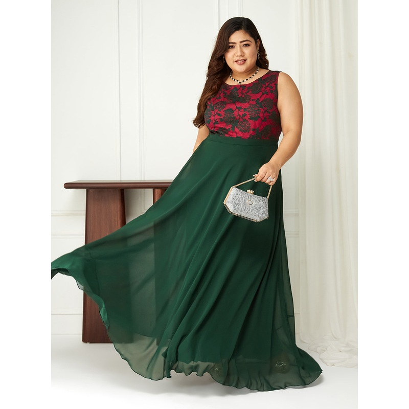 Body Bliss Dark Green Lace Fit & Flare Maxi Dress XS Green