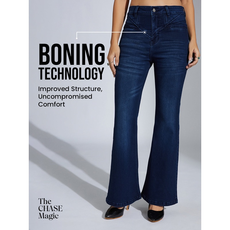 CHASEshape Navy-Blue Bootcut High-Rise Stretchable Denim Pocket Jeans 26 Navy Blue