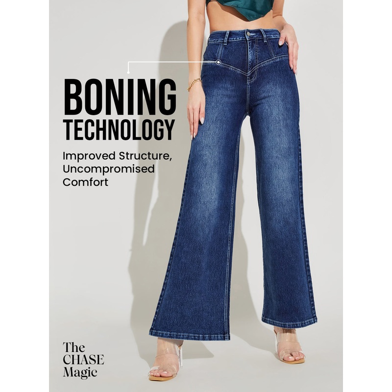 CHASEshape Navy-Blue Wide-Leg High-Rise Stretchable Denim Jeans 26 Navy Blue