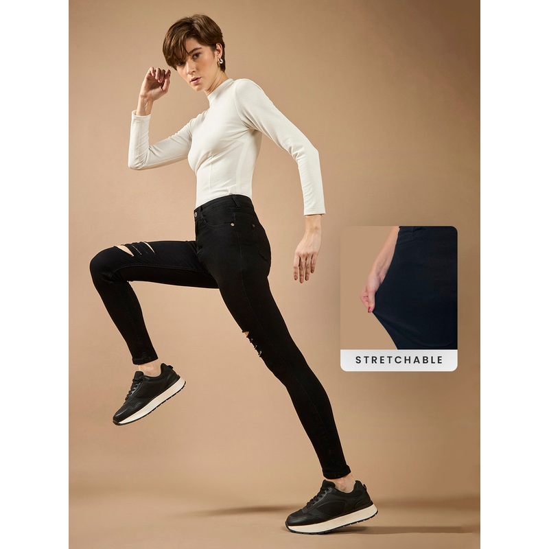 CHASEstretch Black Slim-Fit High-Rise Mild Distressed Ripped Denim Jeans 26 Black