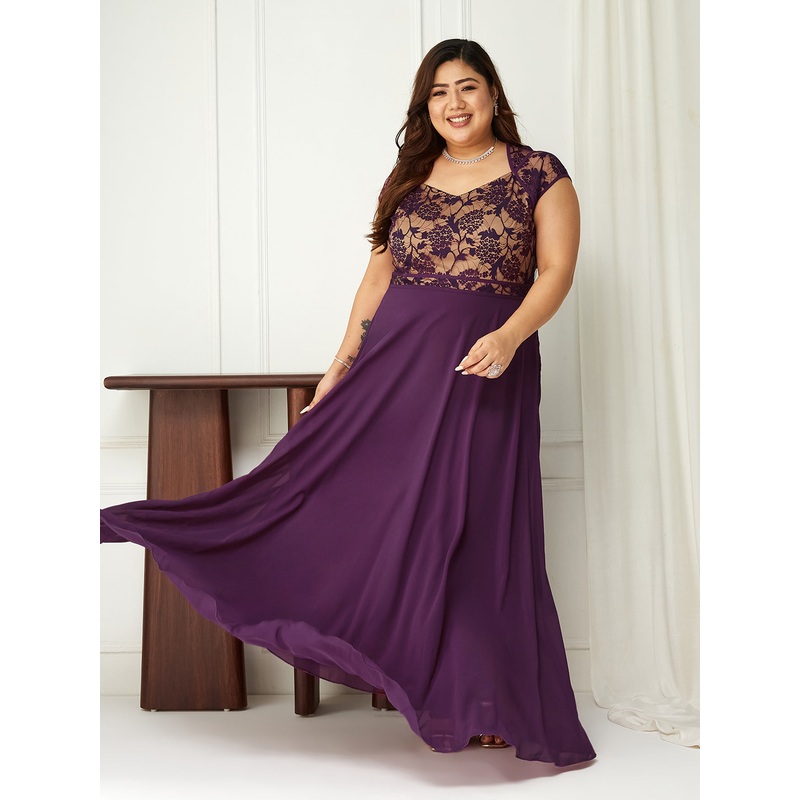 Dark Purple Floral Cap Sleeves Fit and Flare Lace Maxi Dress for Women XS Purple