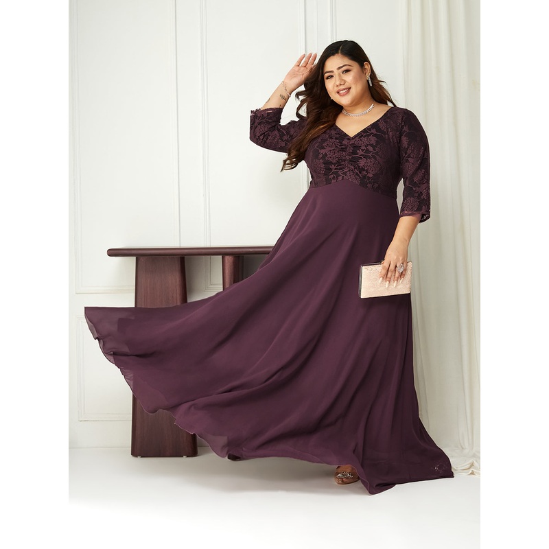 Mauve Long Sleeves Lace Empire Maxi Dress for Women XS Mauve