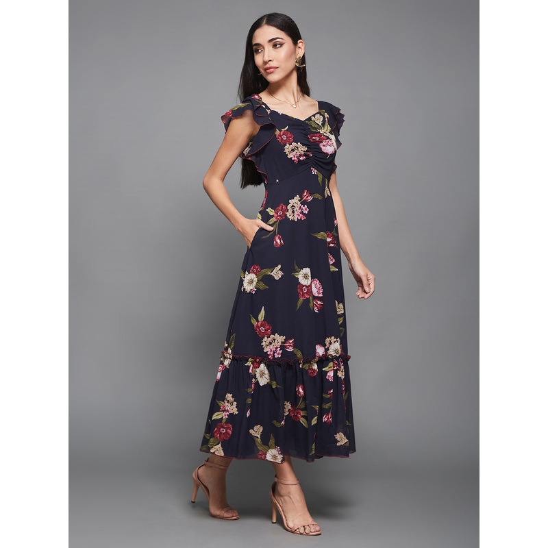 Navy Blue Ruffled Sleeves Floral Printed Maxi Dress for Women XS Navy Blue