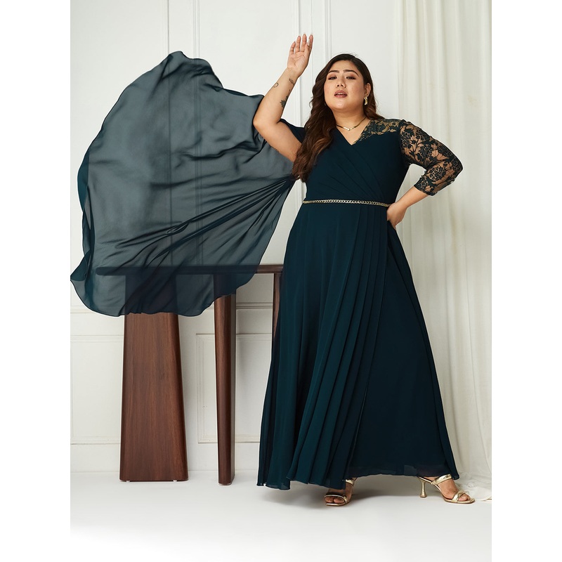 Teal Assymetric Long Sleeves Lace Maxi Dress for Women XS Teal