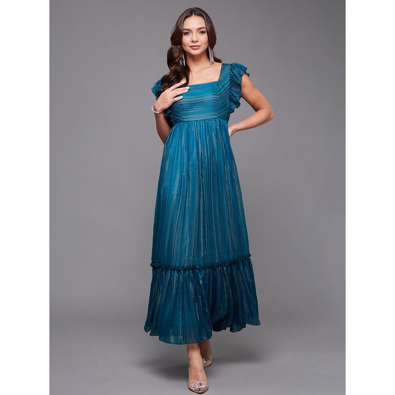 Teal Ruffled Sleeves Shimmery Maxi Dress for Women XS Teal