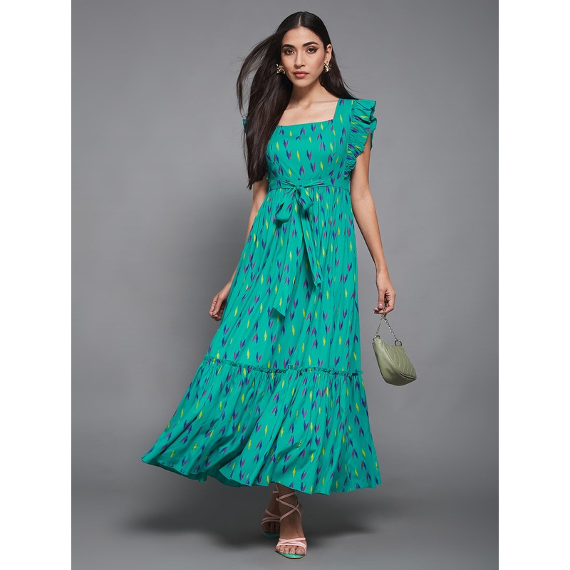 Turquoise Ruffled Sleeves Geometric Printed Maxi Dress for Women XS Turquoise