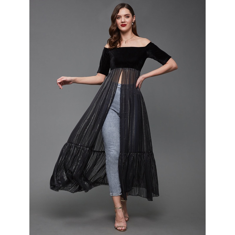 Women’s Black Striped Off Shoulder Half Sleeves Georgette Bardot Maxi-Length Top XS Black