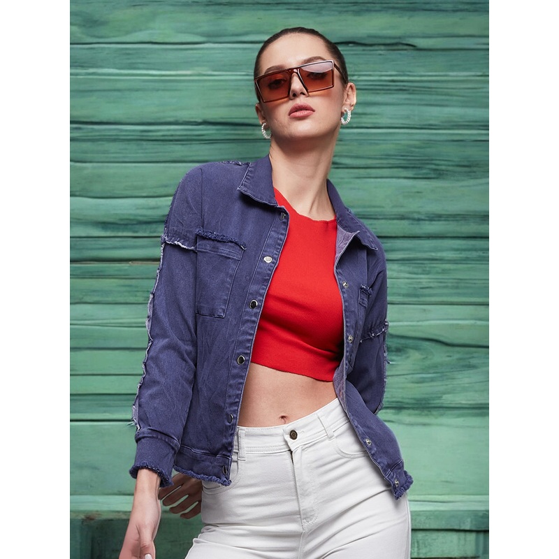 Women’s Blue-Colored Polo-Neck Full-Sleeve Solid Bomber Regular-Length Jacket XS Blue