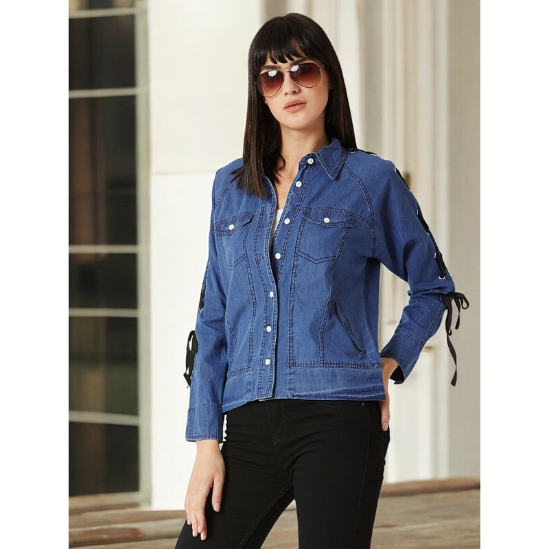 Women’s Blue Polo Neck Full Sleeve Buttoned Eyelet And Twill Tape Detailing Solid Bomber Denim Jacket XS Blue