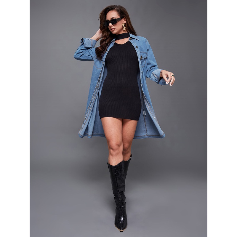 Women’s Blue Polo Neck Full Sleeves Light Weight Denim Knee-Long Shrug XS Blue