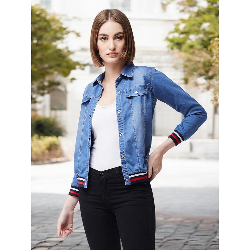 Women’s Blue Polo Neck Full Sleeves Solid Buttoned Rib Detailing Denim Bomber Jacket XS Blue