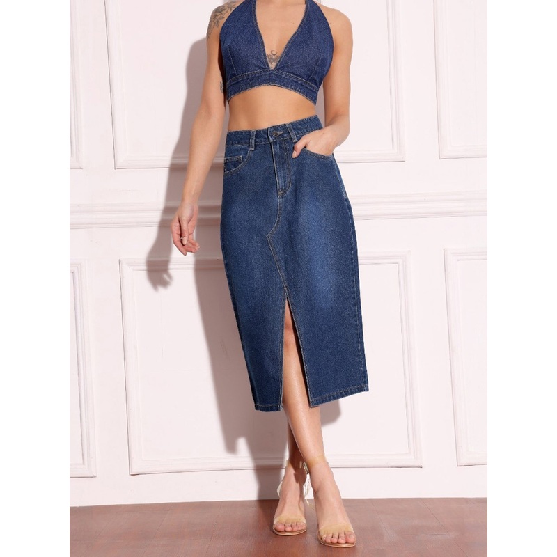 Women’s Dark Blue A-Line High-Rise Non-Stretchable Denim Midi Skirt 26 Blue