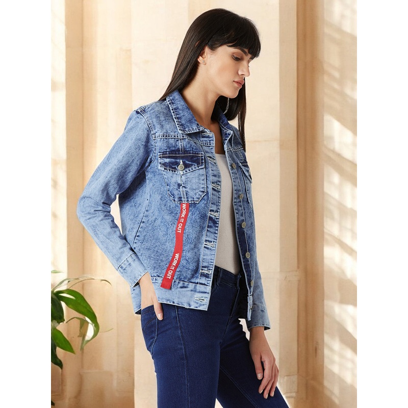 Women’s Light Blue Collared Full Sleeve Buttoned Twill Tape Detailing Solid Denim Jacket XS Blue