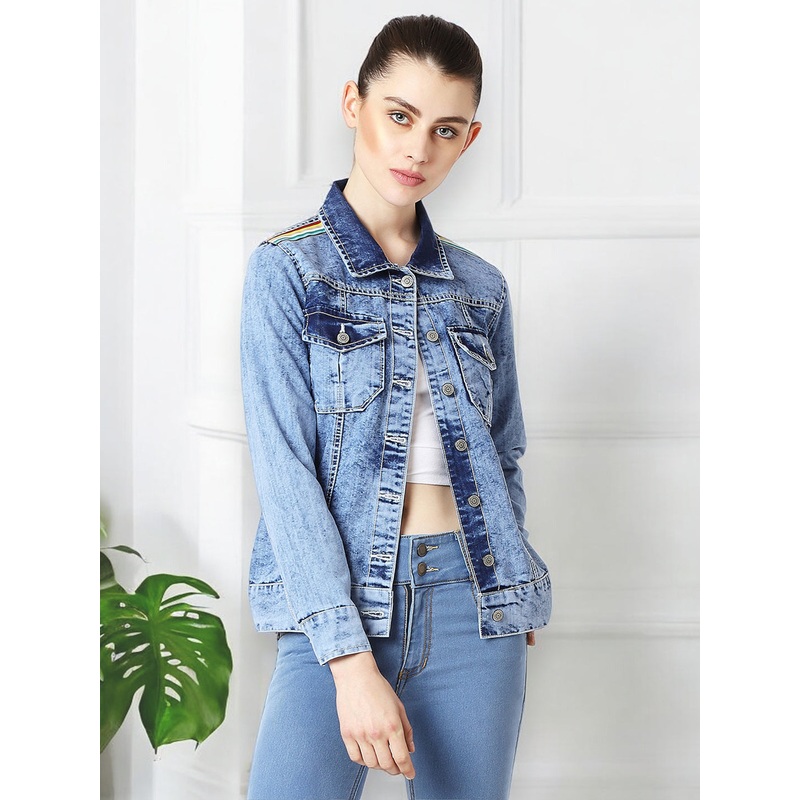 Women’s Light Blue Collared Full Sleeve Solid Buttoned Ice Wash Multicolored Twill Tape Detailing Denim Jacket XS Blue