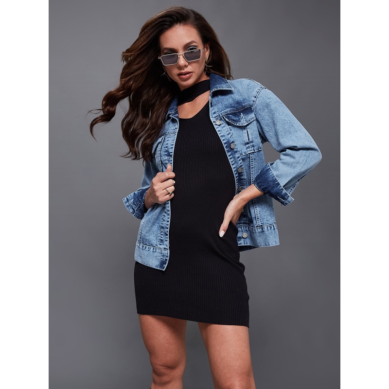 Women’s Light Blue Collared Full Sleeves Solid Buttoned Denim Jacket XS Blue