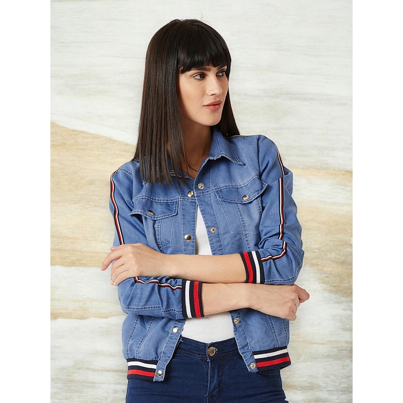 Women’s Light Blue Polo Neck Full Sleeve Solid Buttoned Rib And Twill Tape Detailing Bomber Denim Jacket XS Blue