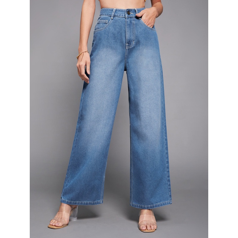 Women’s Light Blue Wide-Leg High-Rise Non-stretchable Denim Jeans 26 Blue