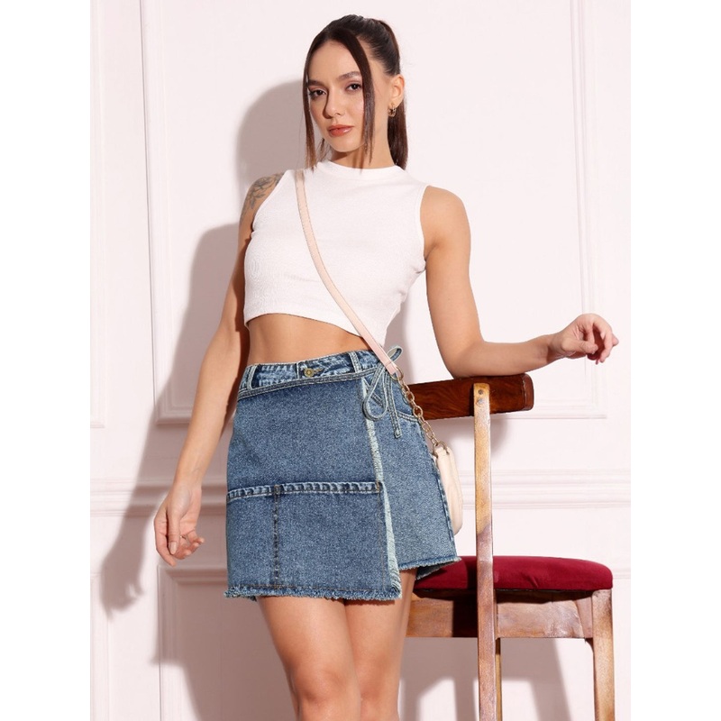 Women’s Navy Blue Regular High-Rise Mild Distress Denim Skorts 26 Blue