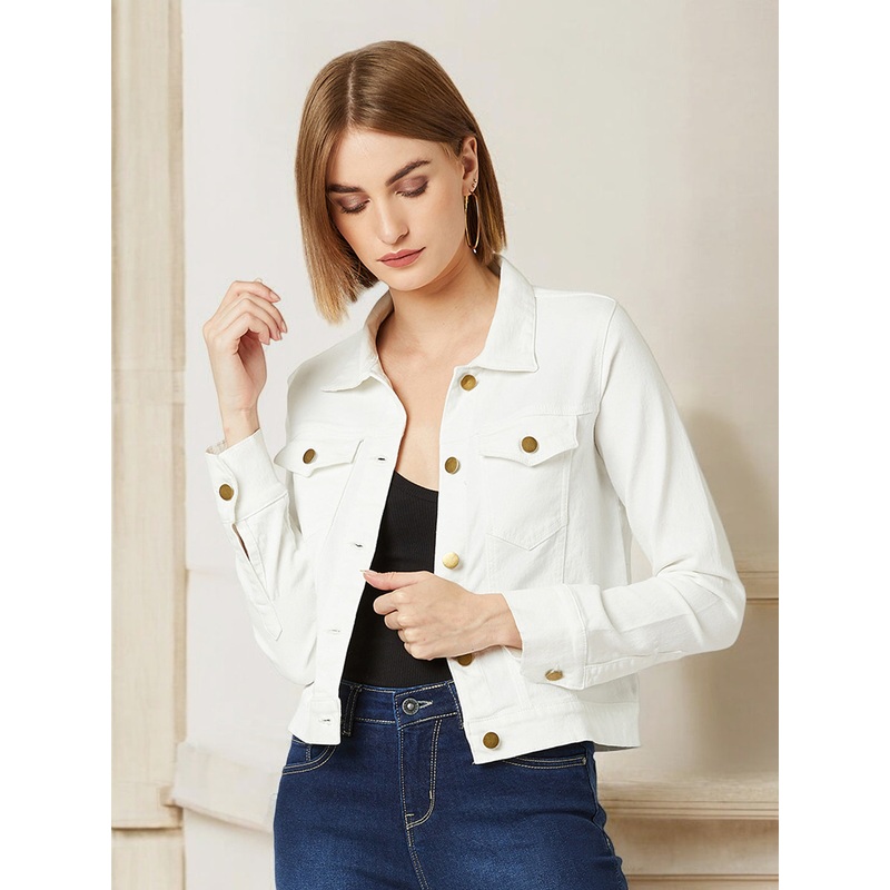 Women’s White Polo Neck Full Sleeves Denim Solid Cropped Jacket XS White