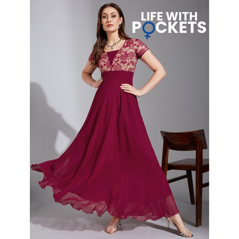 Dark Pink Short Sleeves Lace Fit and Flare Maxi Dress for Women XS Pink