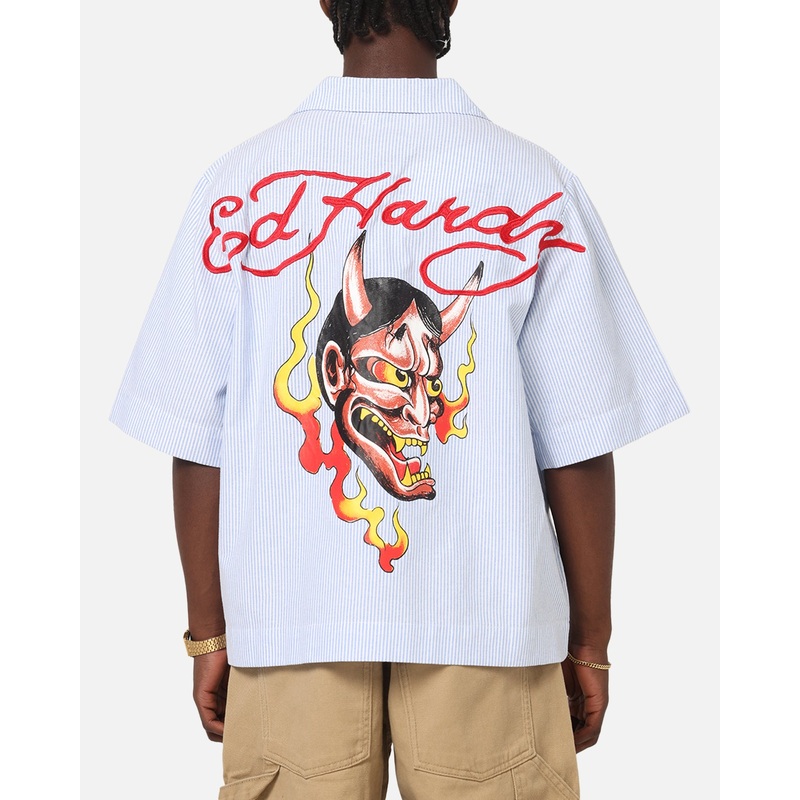 Ed Hardy Flame Stripe Button Up Shirt Blue Pin Stripe XS