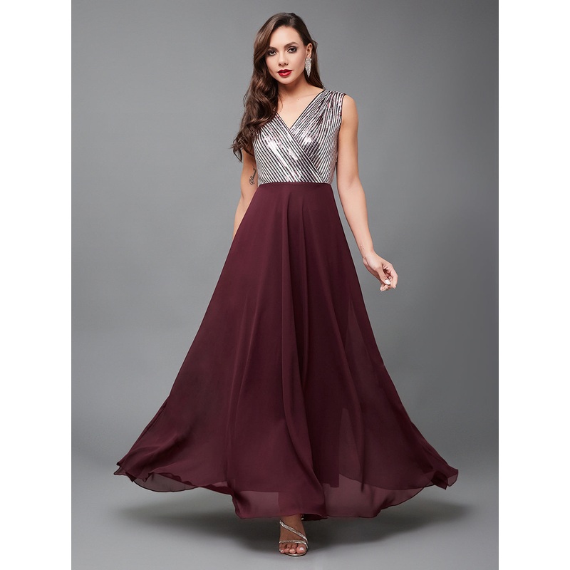 Wine Sequinned Fit and Flare Gown for Women XS Wine