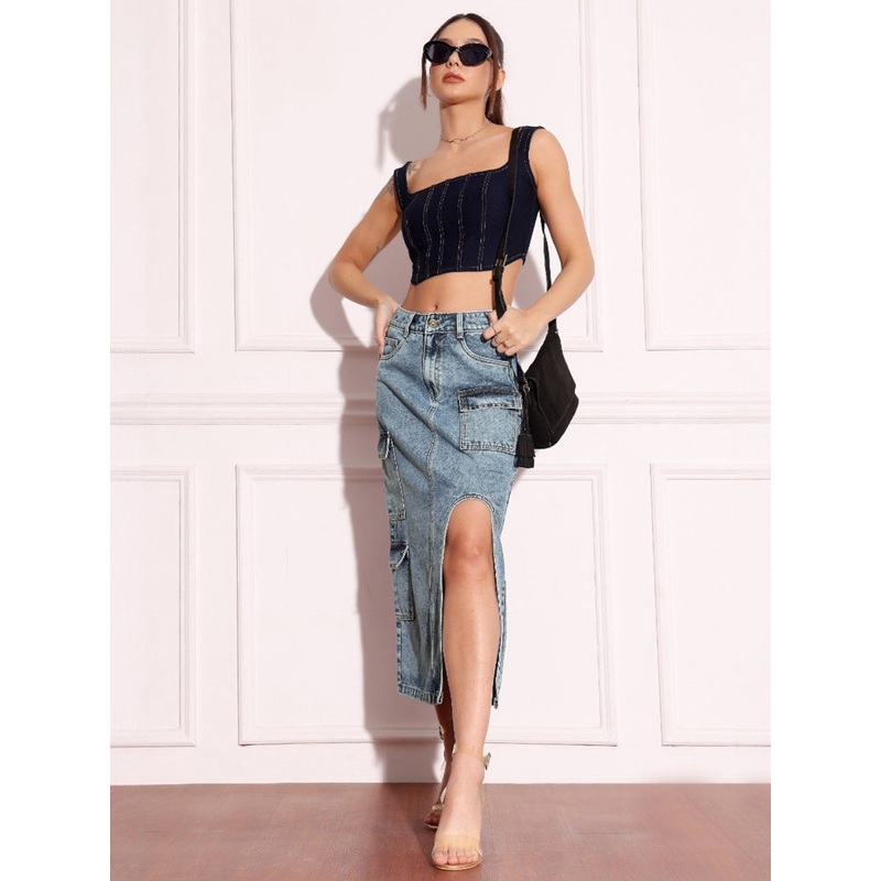 Women’s Blue Straight-Fit High-Rise Non-stretchable Denim Midi Skirt 26 Blue