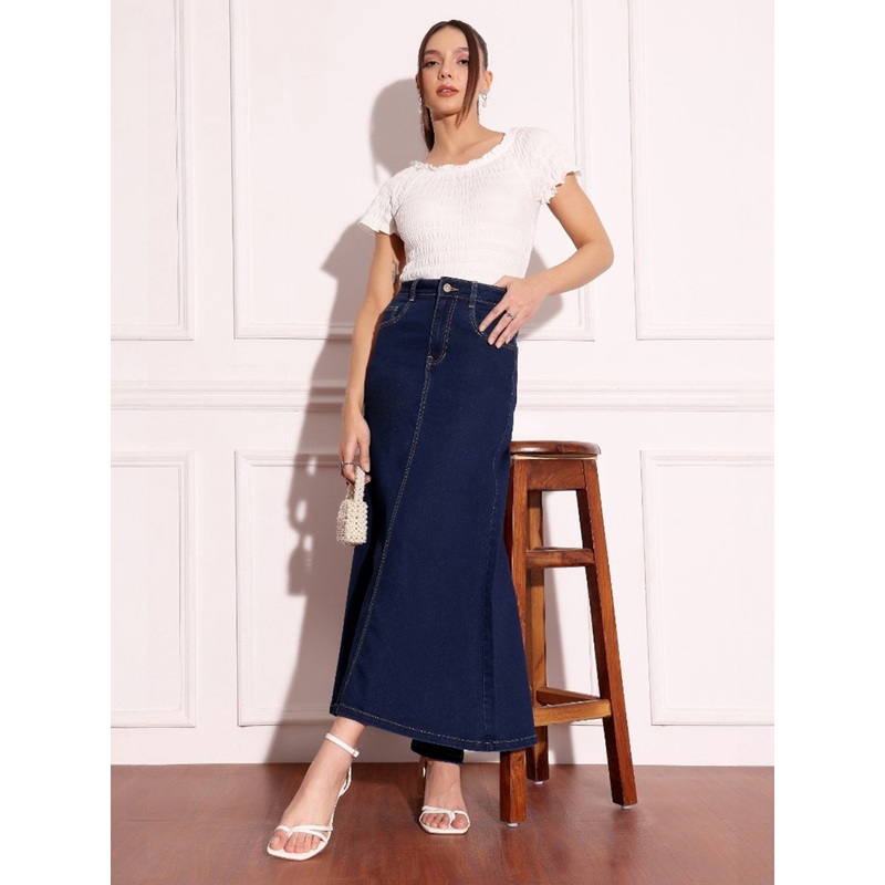 Women’s Dark Blue Flared High-Rise Stretchable Denim Maxi Skirt 26 Blue