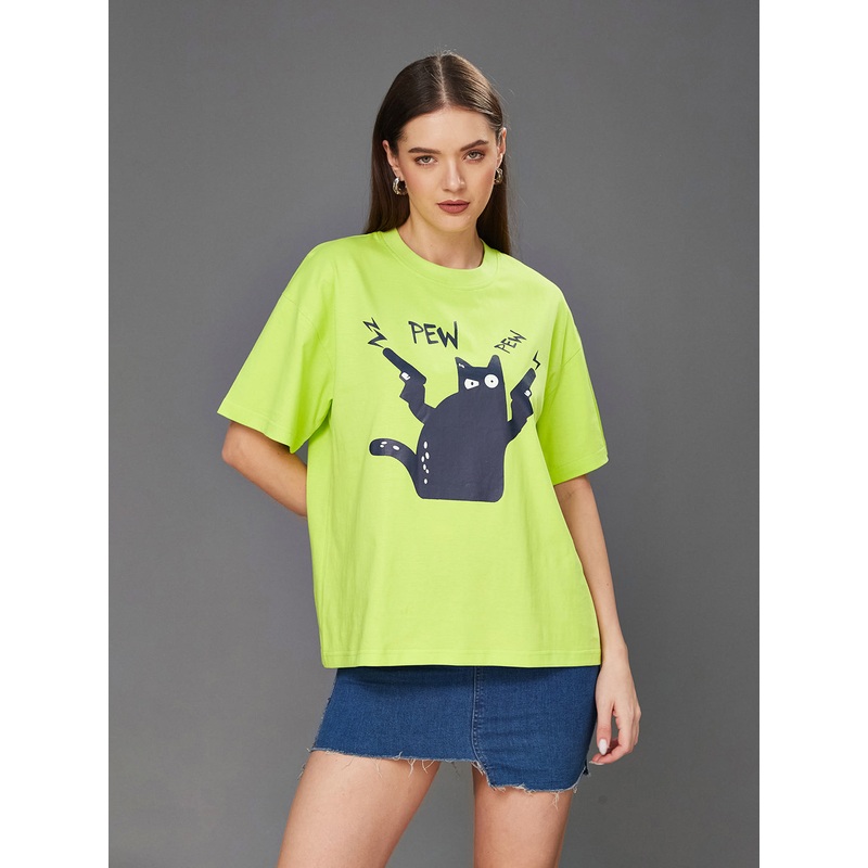 Women’s Lime Green Round Neck Half-Sleeve Cartoon-Printed Oversized Cotton T-Shirt XS Green