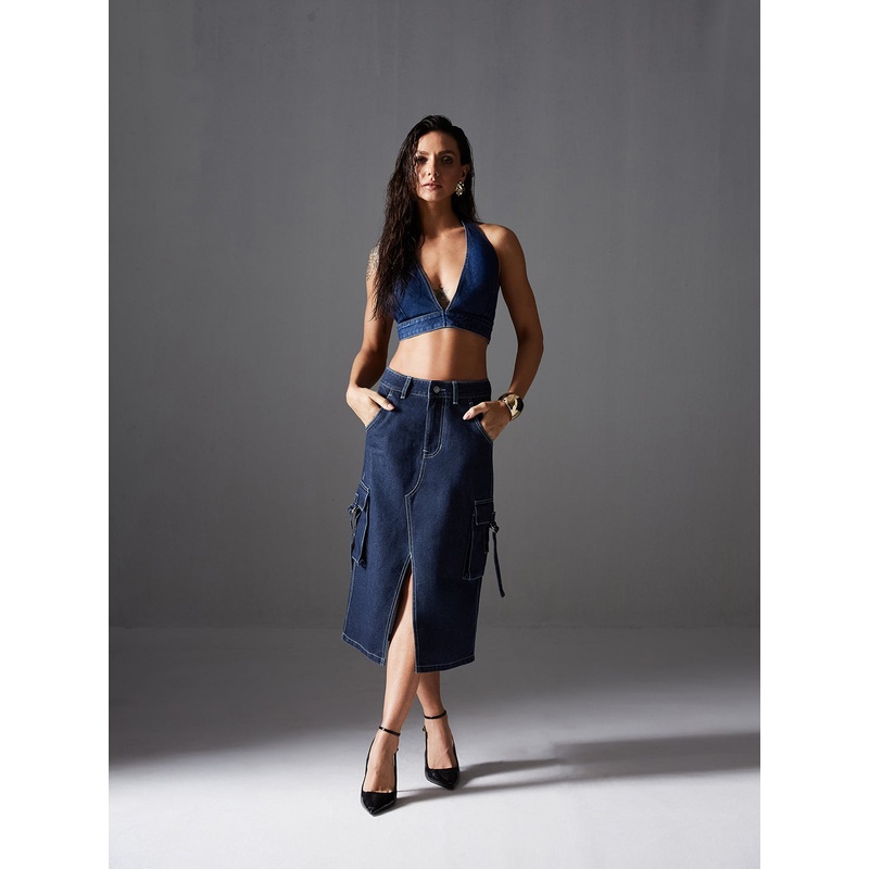 Women’s Navy Blue Straight High-Rise Midi Denim Cargo Skirt 26 Blue