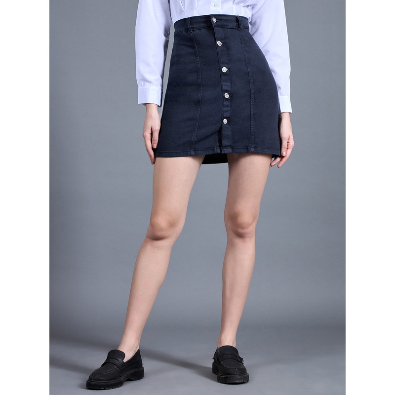 Women’s Navy Blue Stretchable Solid A-line Mini Denim Skirt 26 Navy Blue
