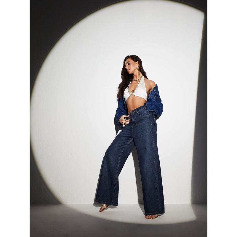 Women’s Navy-Blue Wide-Leg High-Rise Clean-Look Regular-Length Denim Jeans 26 Blue