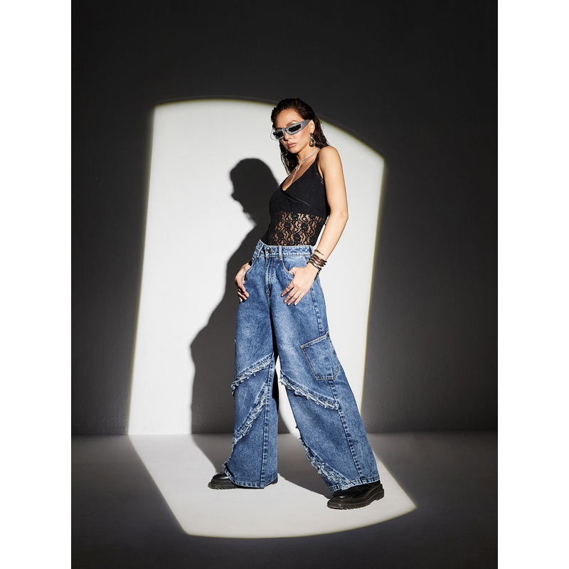 Women’s Navy-Blue Wide-Leg High-Rise Highly-Distressed Regular-Length Denim Jeans 26 Blue