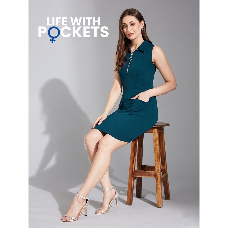 Women’s Solid Teal Sleeveless Collared Bodycon Above-Knee Polyester Dress 2XS Teal