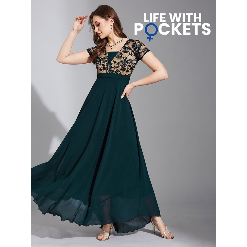 Women’s Teal Square Neck Raglan Short Sleeve Self Design Lace Overlaid Georgette Maxi Dress XS Teal