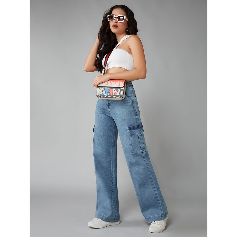 24/7 Comfort Light Blue Wide-Leg High-Rise Clean-Look Regular-Length Stretchable Flared Cargo Style Denim Jeans 26 Blue