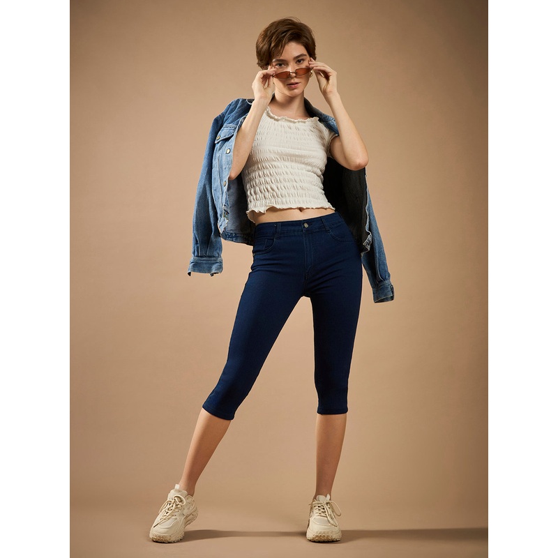 CHASEstretch Women’s Navy-Blue Skinny-Fit High-Rise Cropped-Length Clean-Look Denim Stretchable Capri Jeans 26 Navy Blue