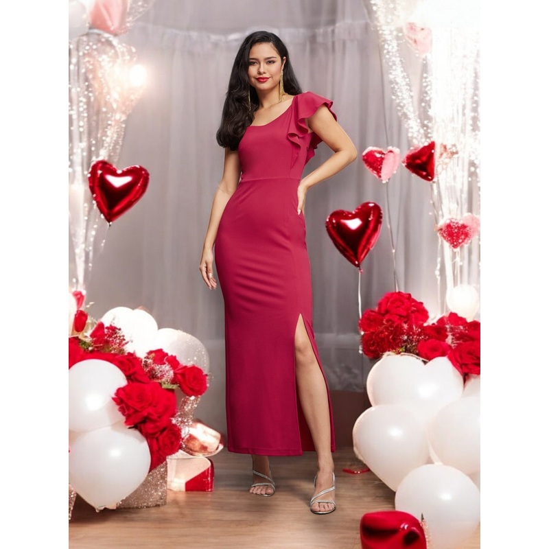 Dark Pink Solid One Shoulder Bodycon Maxi Dress for Women XS Pink