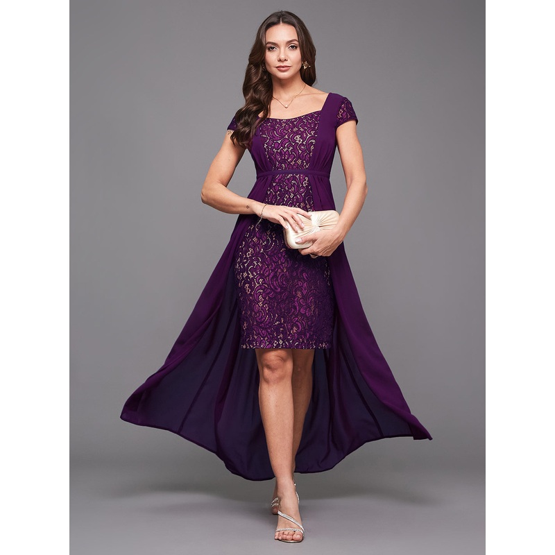 Dark Purple Cap Sleeves Sequinned Dress with Cape for Women XS Purple