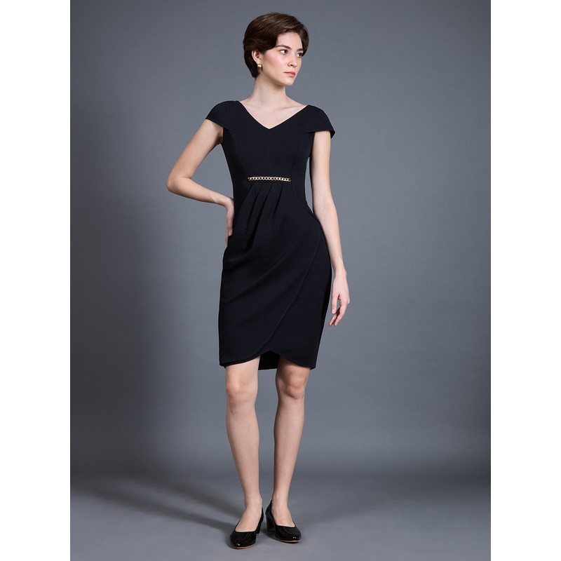Women’s Black Solid V Neck Cap Sleeves Polyester Side Pocketed Knee Long Dress XS Black