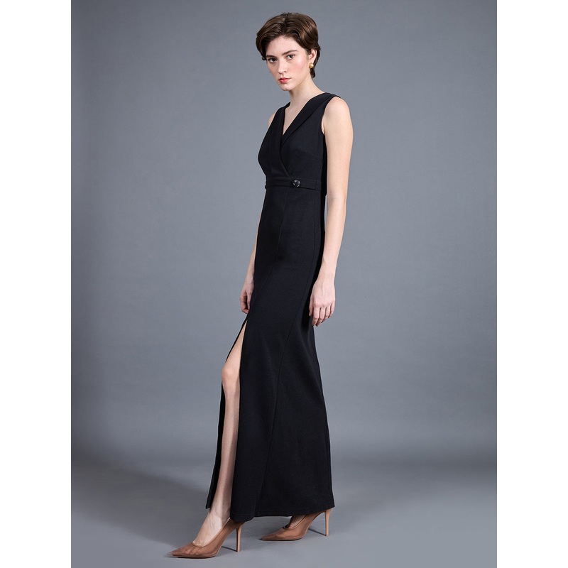 Women’s Black V-Neck Sleeveless Solid Side Slit Wrap Maxi Dress XS Black