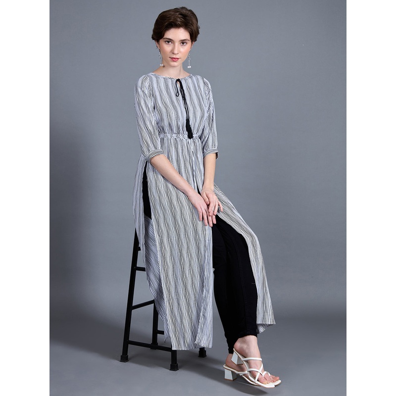 Women’s Black & White Round Neck 3/4 Sleeve Striped Tassel Tie-Up Detailing Maxi Top XS Black