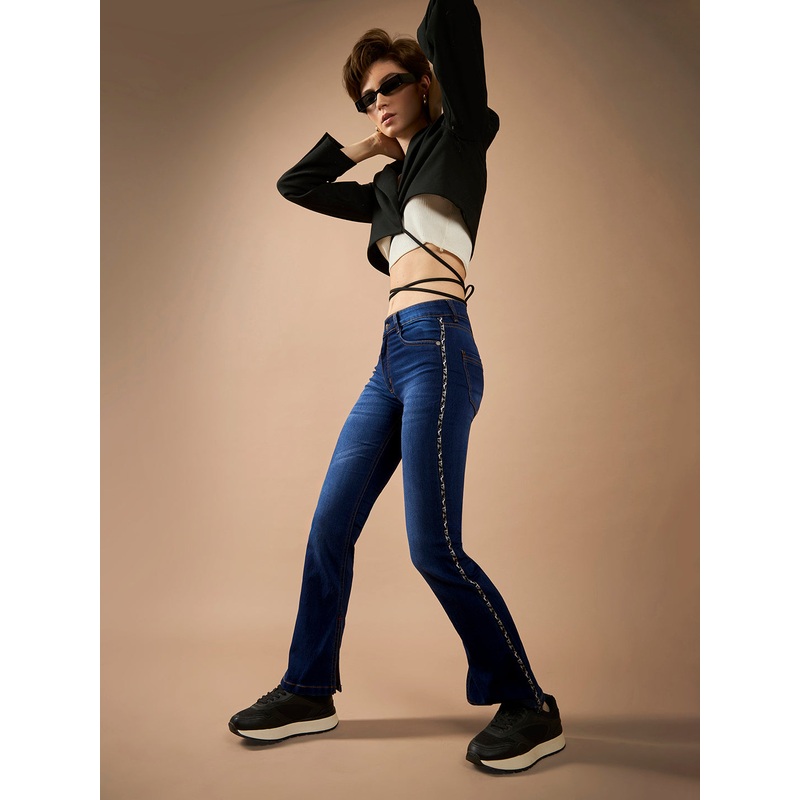 Women’s Blue Cotton Bootcut Fit & Flared Mid-Rise Stretchable Denim Jeans 26 Navy Blue